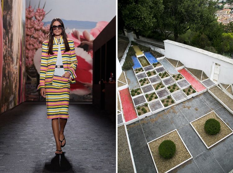 A gauche : ensemble Chanel prêt-à-porter. A droite : le jardin de la villa Noailles à Hyères, dont les couleurs ont inspiré la créatrice Virginie Viard.