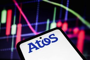 In this photo illustration an Atos logo is displayed on a smartphone with stock market percentages in the background on April 10,2024.(Yassine Mahjoub/SIPA)//MAHJOUBYASSINE_sipa.05844/Credit:Yassine Mahjoub/SIPA/2404101555