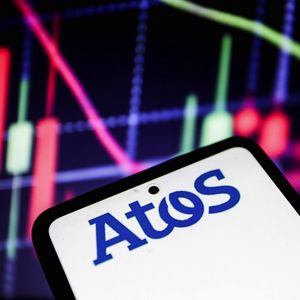 In this photo illustration an Atos logo is displayed on a smartphone with stock market percentages in the background on April 10,2024.(Yassine Mahjoub/SIPA)//MAHJOUBYASSINE_sipa.05844/Credit:Yassine Mahjoub/SIPA/2404101555