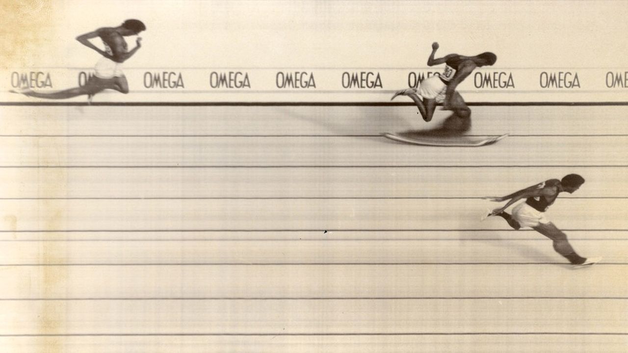 Photo « finish » de la finale du 400 mètres aux JO de Mexico en 1968, où l'Américain Lee Evans établit un nouveau record du monde en 43,86 secondes !