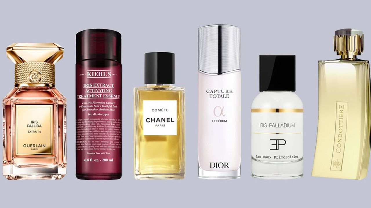 De gauche à droite : parfum Iris Pallida (Guerlain), soin visage clarifiant (Kiehl's), parfum Comète (Chanel), sérum Capture Totale Alpha (Dior), parfums Iris Palladium (Les Eaux Primordiales) et Condottiere (Lubin).