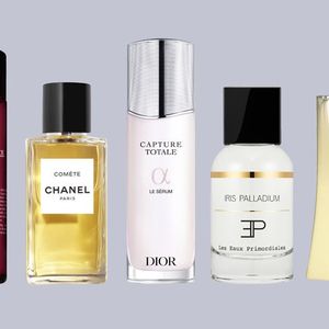 De gauche à droite : parfum Iris Pallida (Guerlain), soin visage clarifiant (Kiehl's), parfum Comète (Chanel), sérum Capture Totale Alpha (Dior), parfums Iris Palladium (Les Eaux Primordiales) et Condottiere (Lubin).