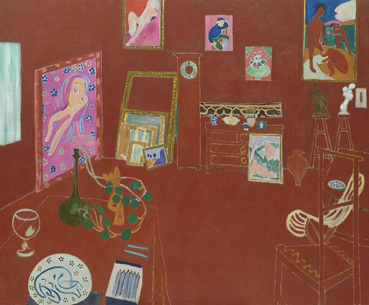 « L'Atelier rouge» (1911), d'Henri Matisse, représentation imaginaire de son atelier de Matisse à Issy-les-Moulineaux, avec certaines de ses oeuvres intégrées à la peinture.