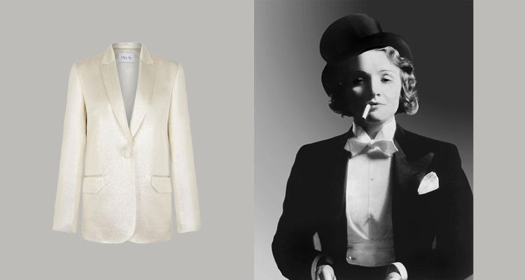 A gauche : Eagle Jacket en lamé doré pour femme, de la marque parisienne Pallas. A droite : Marlene Dietrich incarne Amy Jolly dans « Coeurs brûlés » (1930).