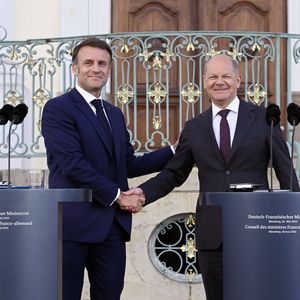 Emmanuel Macron lors d'une conférence de presse conjointe avec le chancelier allemand Olaf Scholz, le 28 mai 2024.