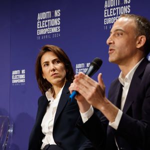 Valérie Hayer et Raphaël Glucksmann, le 18 avril lors d'une audition des principales têtes de liste aux prochaines élections européennes.