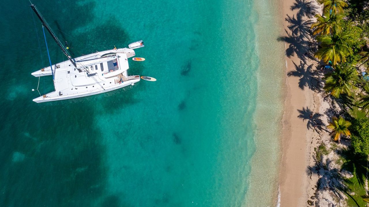 Catamaran de croisière Catlante à l'île Mayreau, dans l'archipel des Grenadines.