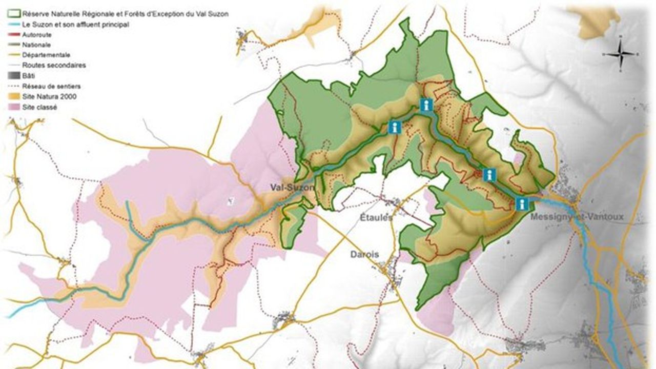 Sur 3.000 hectares, la réserve s'étend entre le village de Val-Suzon et Messigny-et-Vantoux, comprenant les pentes et plateaux, sans inclure le fond de la vallée.